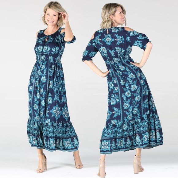 Nostalgia Cold Shoulder Floral Print Maxi Dress NWT • Navy • Scoop V-Neck • Boho - Picture 1 of 3